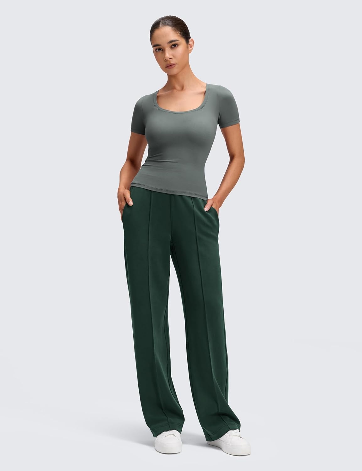 image:imageCRZ YOGA SoftAura Pintuck Straight Leg Sweatpants Women 30 Modal Casual Lounge Travel Pants with PocketsLegend Green