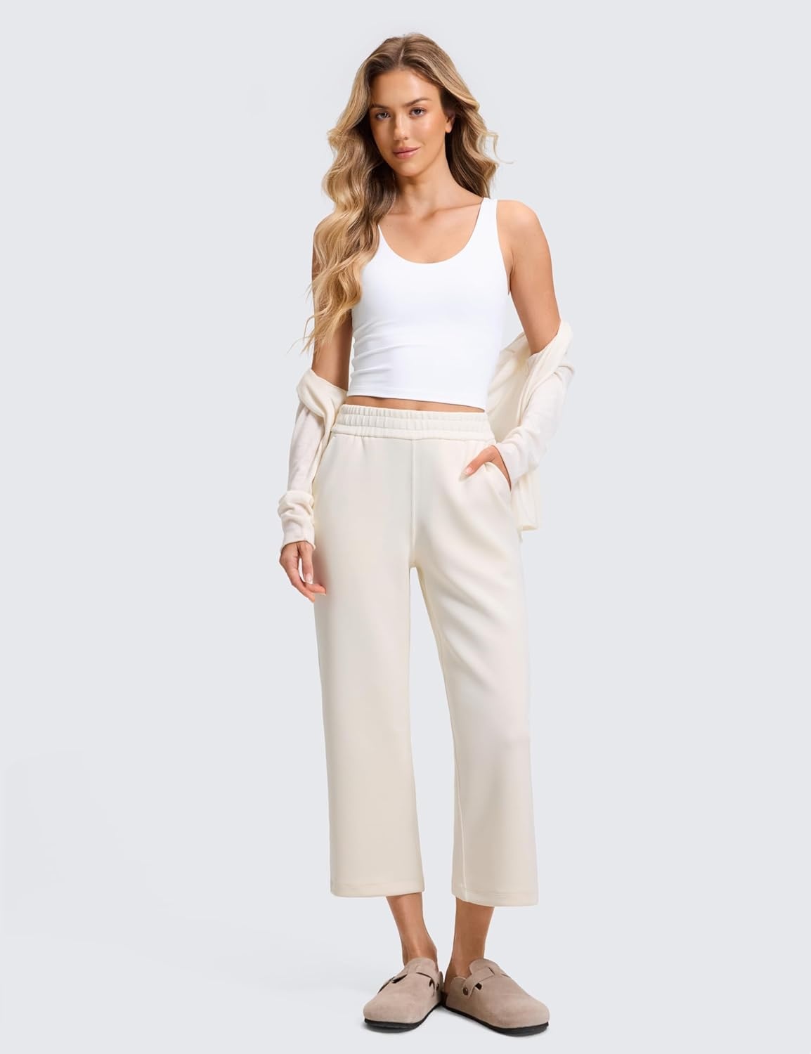 image:imageCRZ YOGA SoftAura Straight Leg Cropped Sweatpants Women 24 Modal Lounge Travel Casual Pants with PocketsWhite Apricot