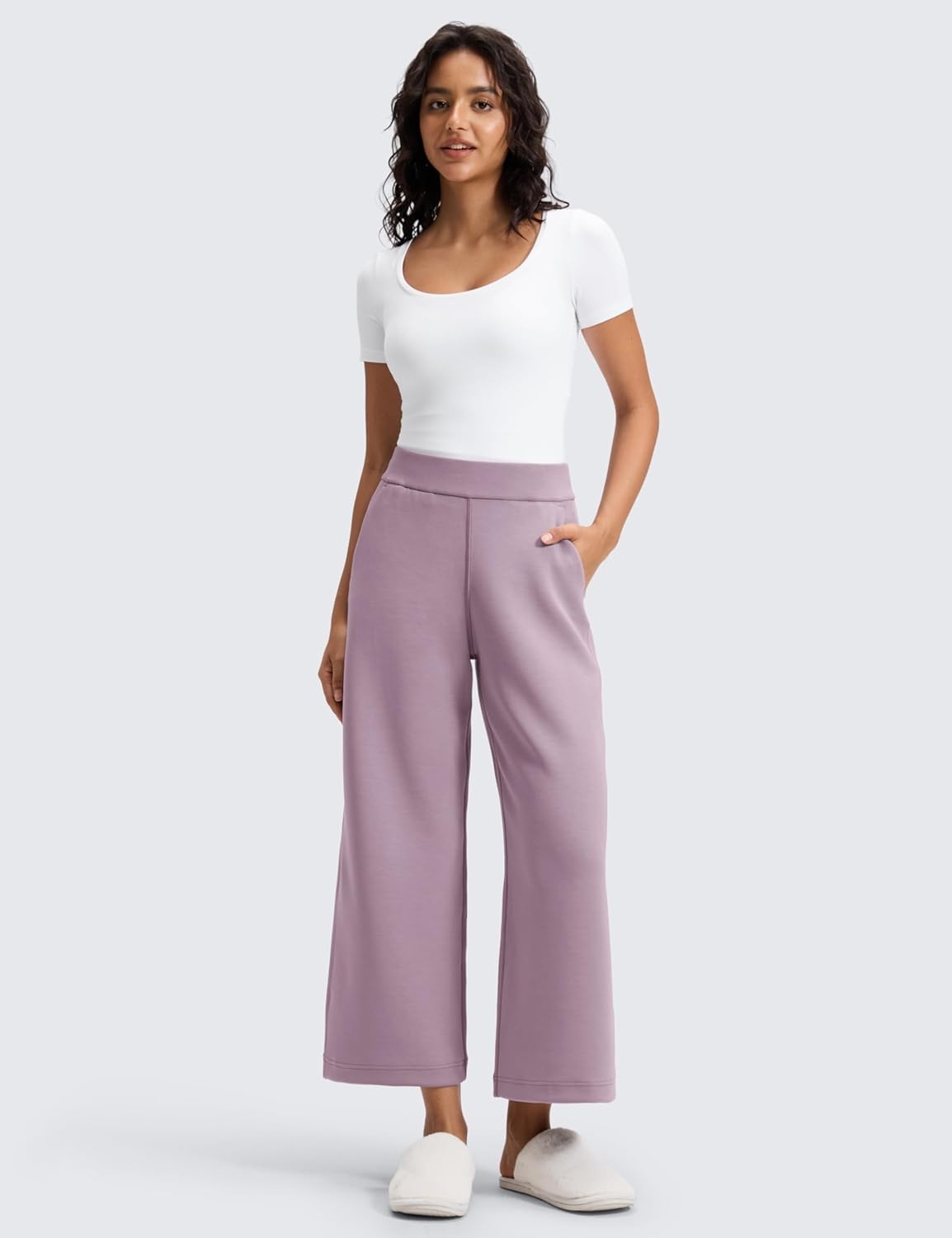 image:imageCRZ YOGA SoftAura Wide Leg Cropped Sweatpants Women 25 Modal Lounge Travel Casual Capri Pants with PocketsLight Lavender