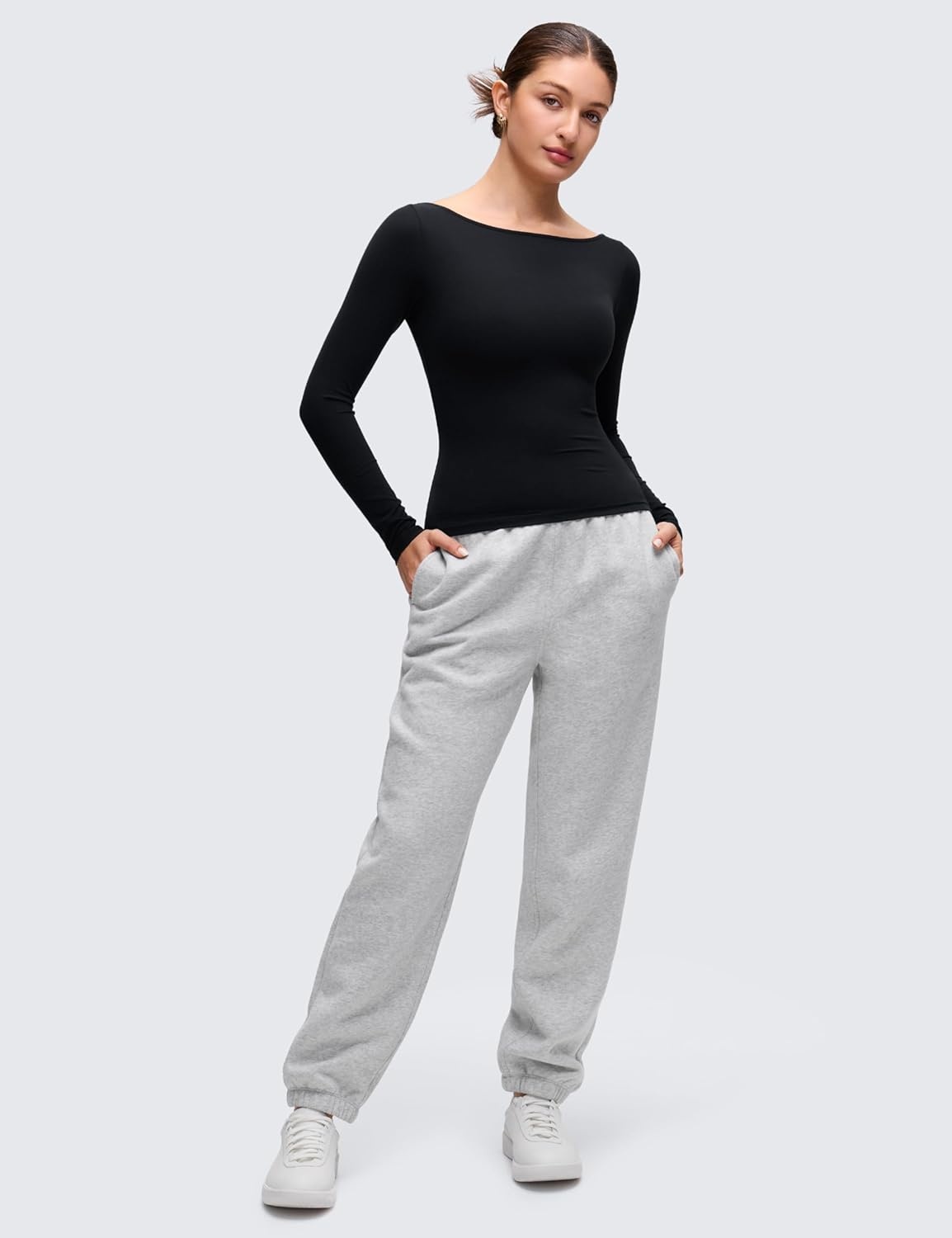 image:imageCRZ YOGA Softembrace Boat Neck Long Sleeve Shirts for Women Casual Going Out Tops Soft Stretchy Fitted Fall TShirtsBlack