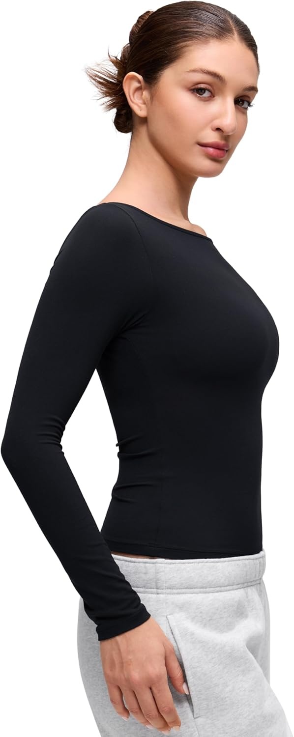 image:imageCRZ YOGA Softembrace Boat Neck Long Sleeve Shirts for Women Casual Going Out Tops Soft Stretchy Fitted Fall TShirtsBlack