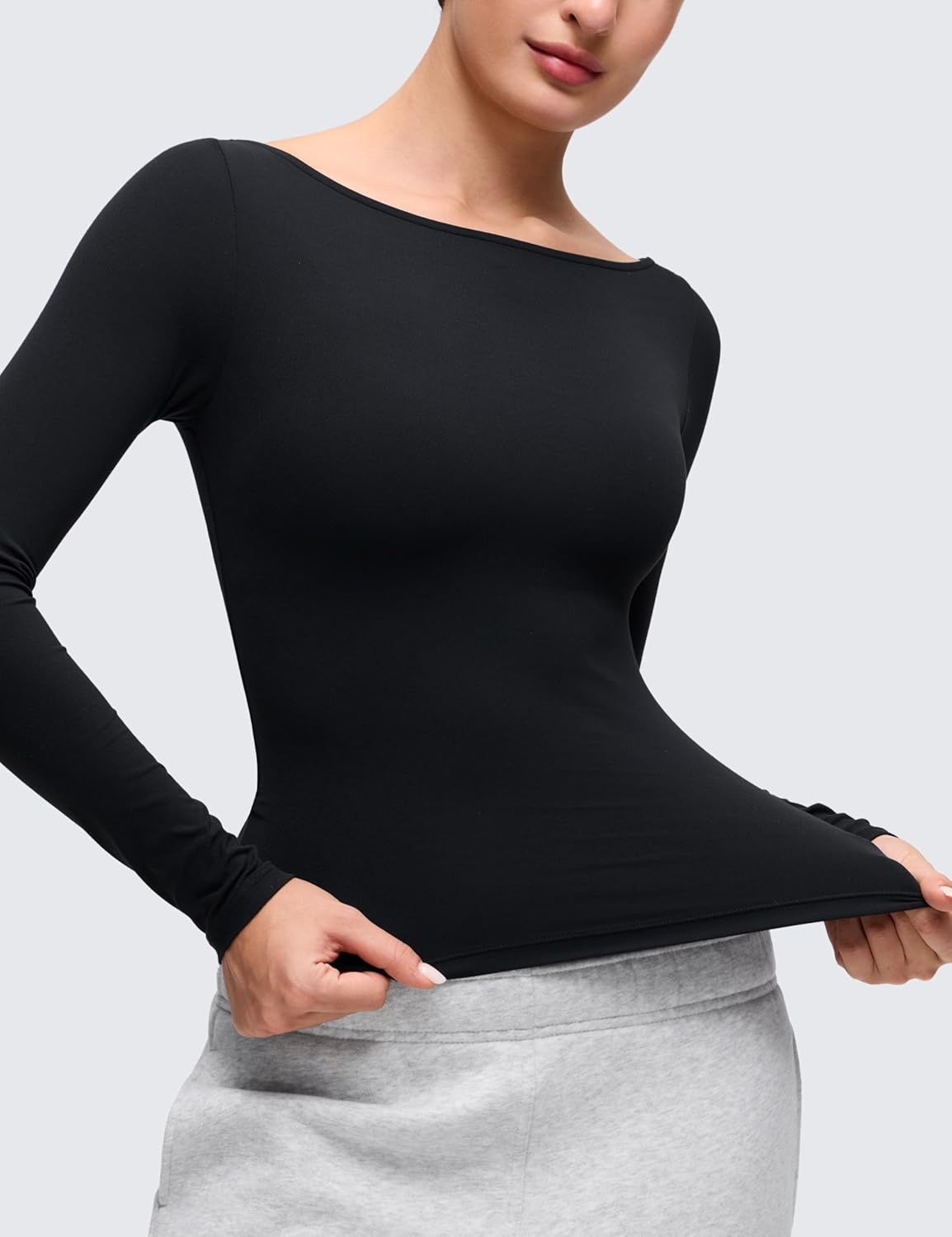 image:imageCRZ YOGA Softembrace Boat Neck Long Sleeve Shirts for Women Casual Going Out Tops Soft Stretchy Fitted Fall TShirtsBlack