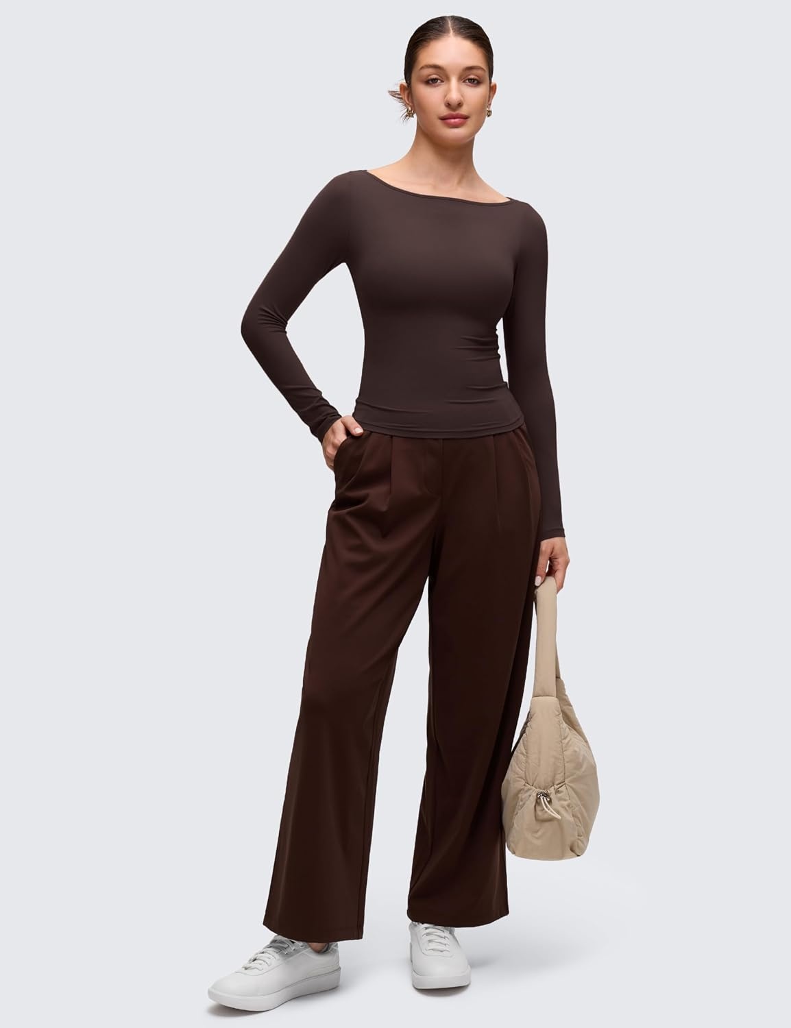image:imageCRZ YOGA Softembrace Boat Neck Long Sleeve Shirts for Women Casual Going Out Tops Soft Stretchy Fitted Fall TShirtsHot Fudge Brown