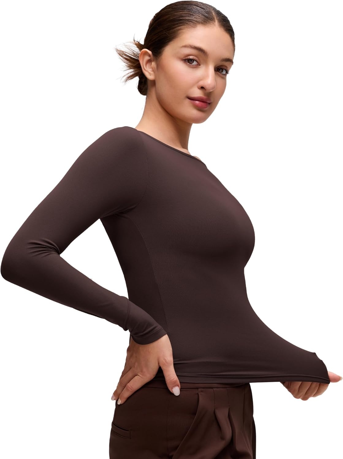image:imageCRZ YOGA Softembrace Boat Neck Long Sleeve Shirts for Women Casual Going Out Tops Soft Stretchy Fitted Fall TShirtsHot Fudge Brown