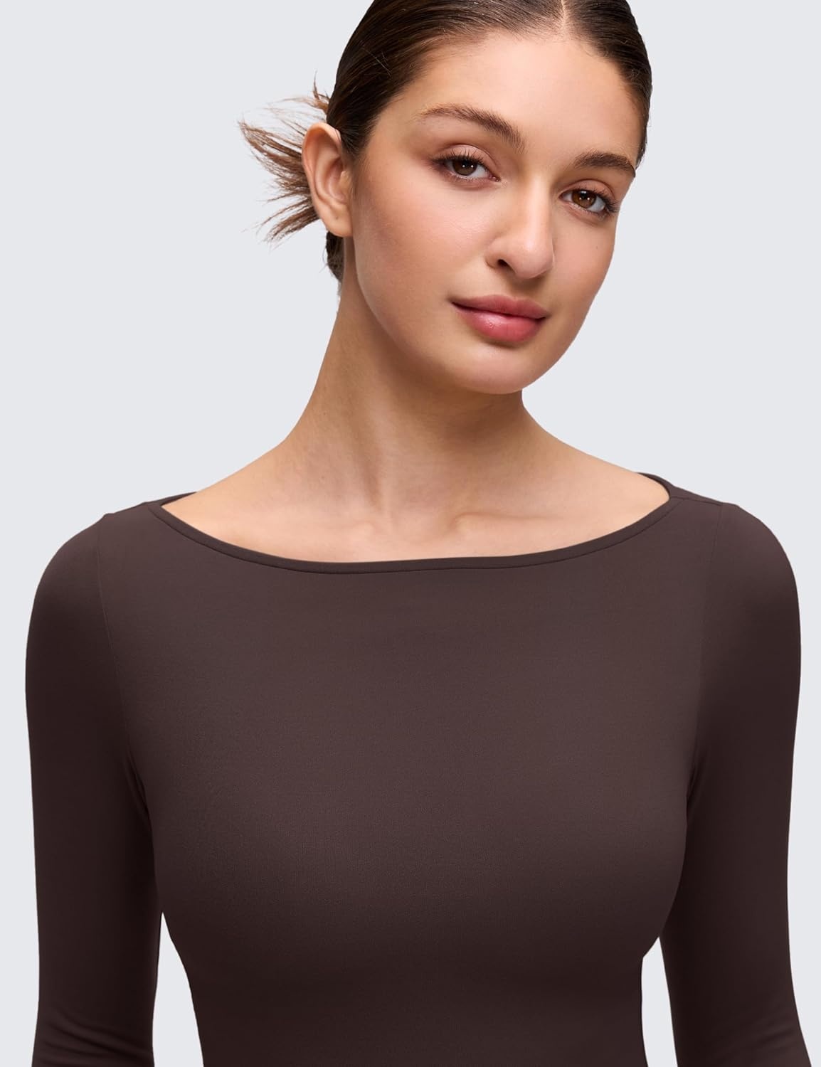 image:imageCRZ YOGA Softembrace Boat Neck Long Sleeve Shirts for Women Casual Going Out Tops Soft Stretchy Fitted Fall TShirtsHot Fudge Brown