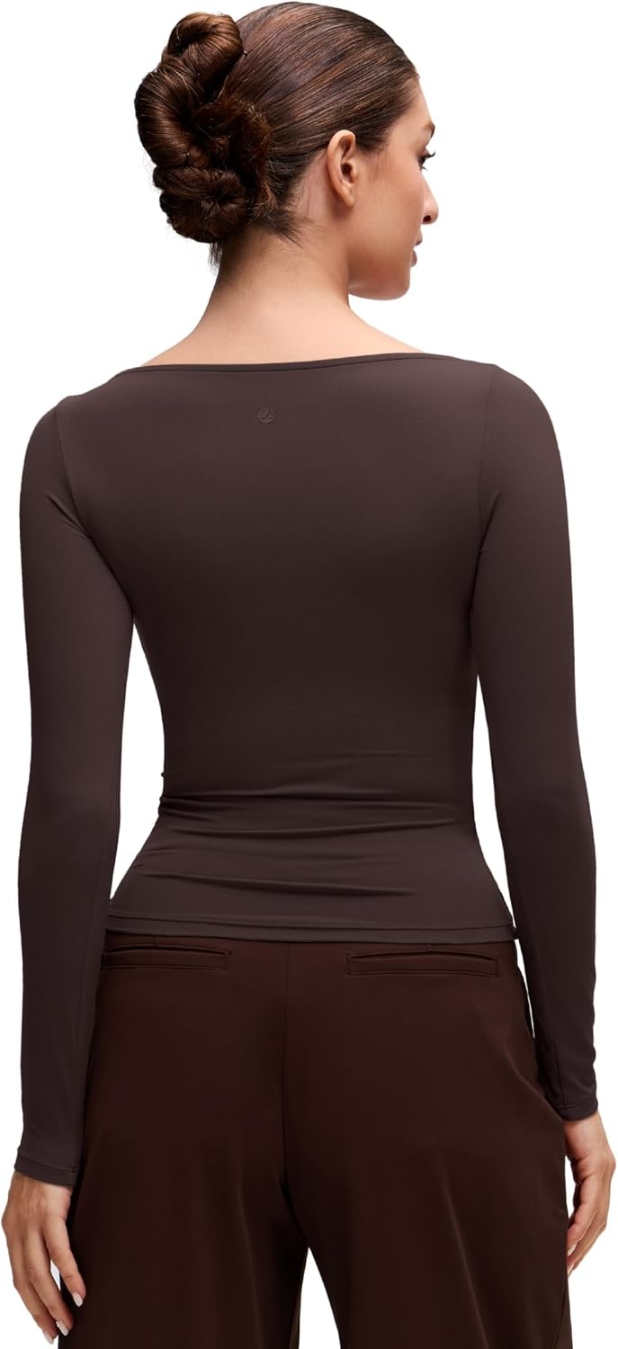 image:imageCRZ YOGA Softembrace Boat Neck Long Sleeve Shirts for Women Casual Going Out Tops Soft Stretchy Fitted Fall TShirtsHot Fudge Brown