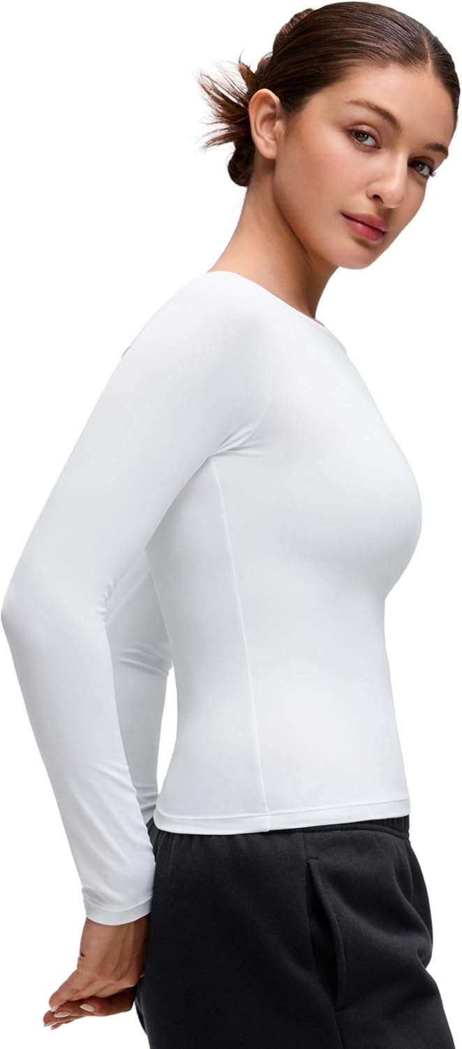 image:imageCRZ YOGA Softembrace Boat Neck Long Sleeve Shirts for Women Casual Going Out Tops Soft Stretchy Fitted Fall TShirtsWhite
