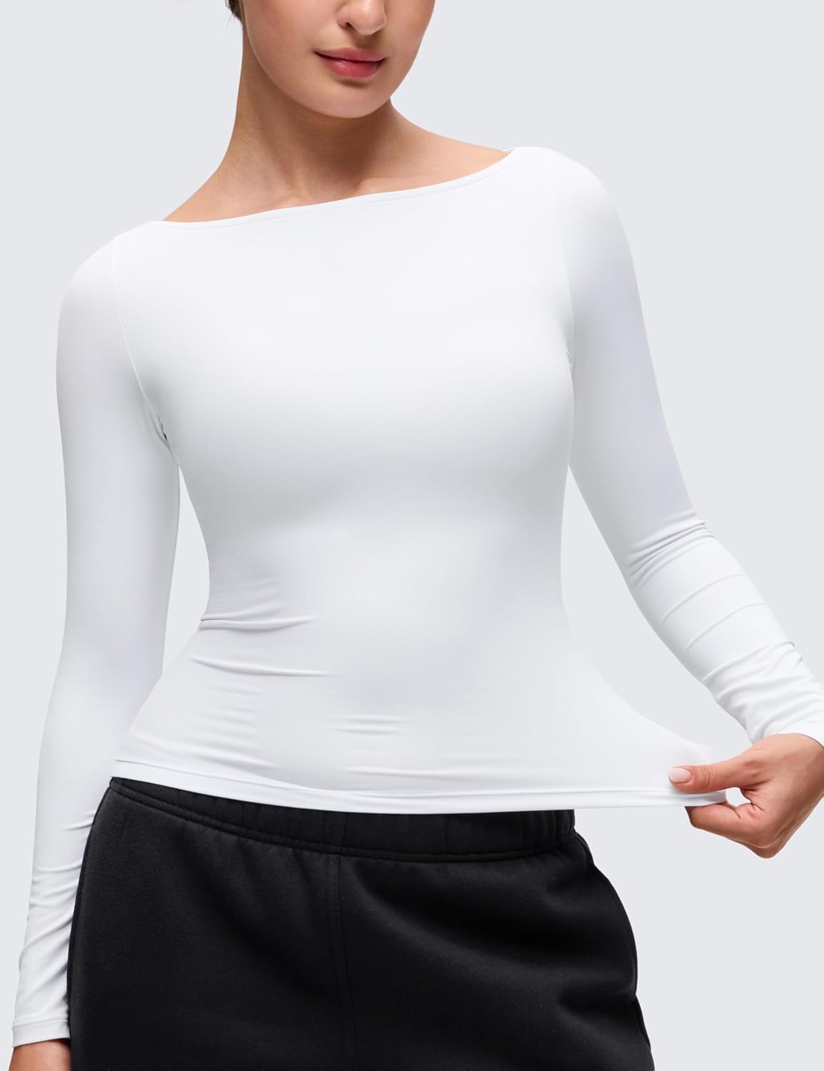 image:imageCRZ YOGA Softembrace Boat Neck Long Sleeve Shirts for Women Casual Going Out Tops Soft Stretchy Fitted Fall TShirtsWhite