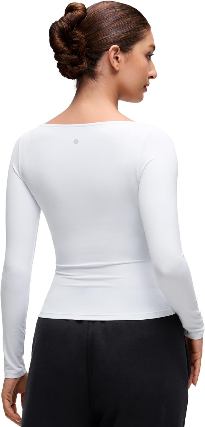 image:imageCRZ YOGA Softembrace Boat Neck Long Sleeve Shirts for Women Casual Going Out Tops Soft Stretchy Fitted Fall TShirtsWhite