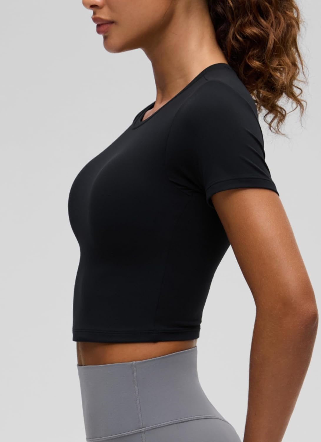 image:imageCRZ YOGA Softembrace Crewneck Crop Tops for Women Workout Casual Going Out Soft Short Sleeve Shirts Basic Fitted Baby TeesBlack