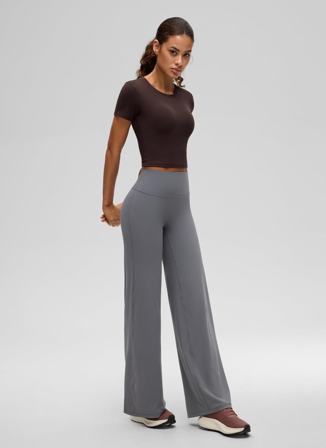 image:imageCRZ YOGA Softembrace Crewneck Crop Tops for Women Workout Casual Going Out Soft Short Sleeve Shirts Basic Fitted Baby TeesHot Fudge Brown