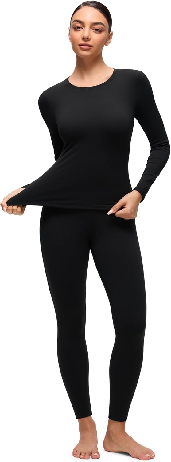 image:imageCRZ YOGA Softembrace Fleece Lined Thermal Underwear Set for Women Soft Casual Base Layer Long Johns Warm Pajamas Top BottomBlack