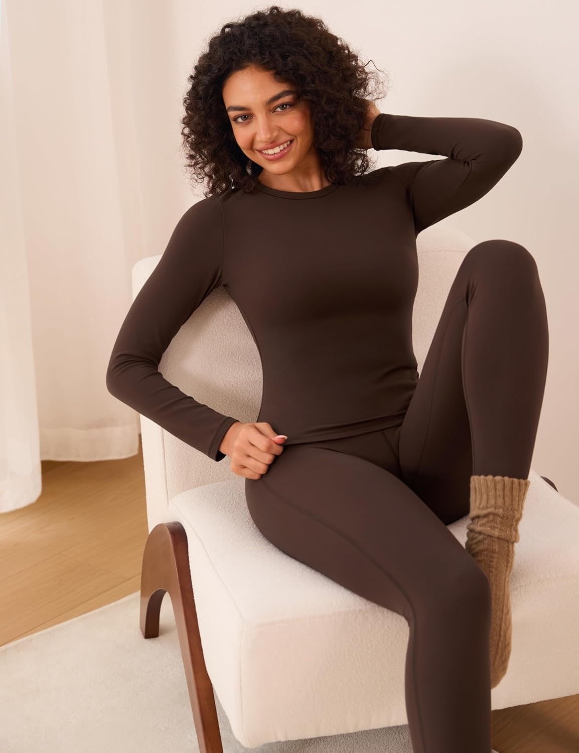 image:imageCRZ YOGA Softembrace Fleece Lined Thermal Underwear Set for Women Soft Casual Base Layer Long Johns Warm Pajamas Top BottomLava Brown
