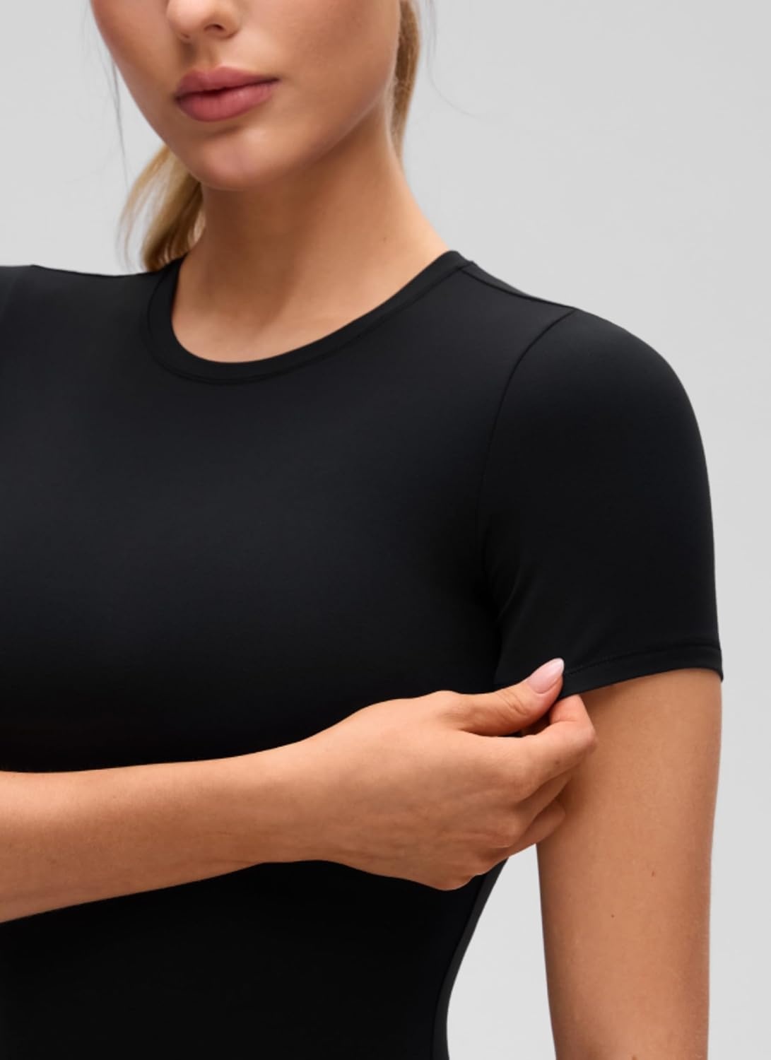 image:imageCRZ YOGA Softembrace High Neck Tops for Women Soft Workout Casual Going Out Shirts Crewneck Tight Short Sleeve TShirtBlack