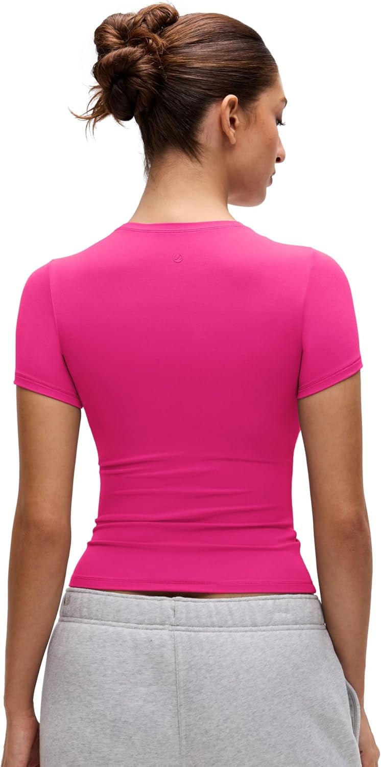 image:imageCRZ YOGA Softembrace High Neck Tops for Women Soft Workout Casual Going Out Shirts Crewneck Tight Short Sleeve TShirtGranita Pink