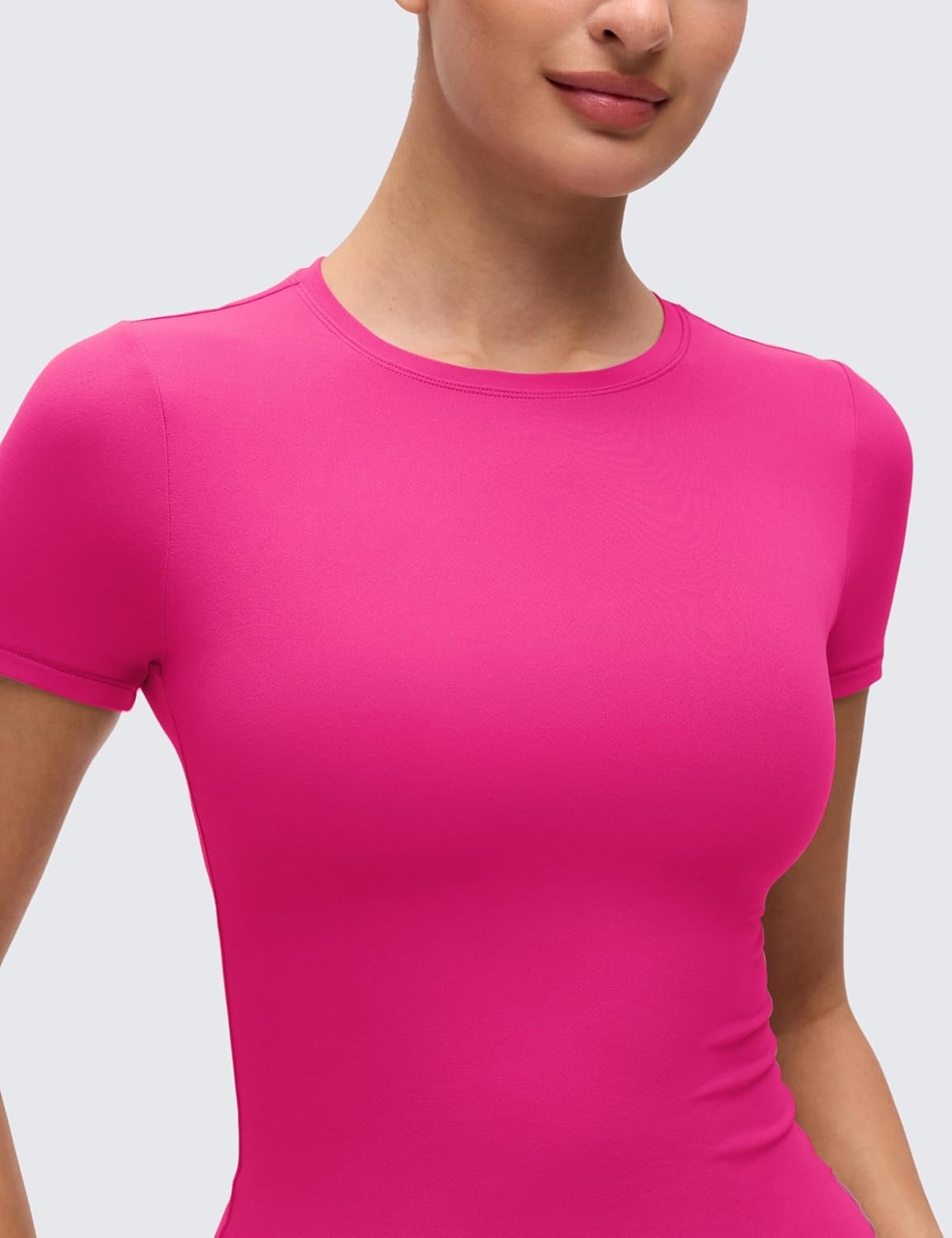 image:imageCRZ YOGA Softembrace High Neck Tops for Women Soft Workout Casual Going Out Shirts Crewneck Tight Short Sleeve TShirtGranita Pink