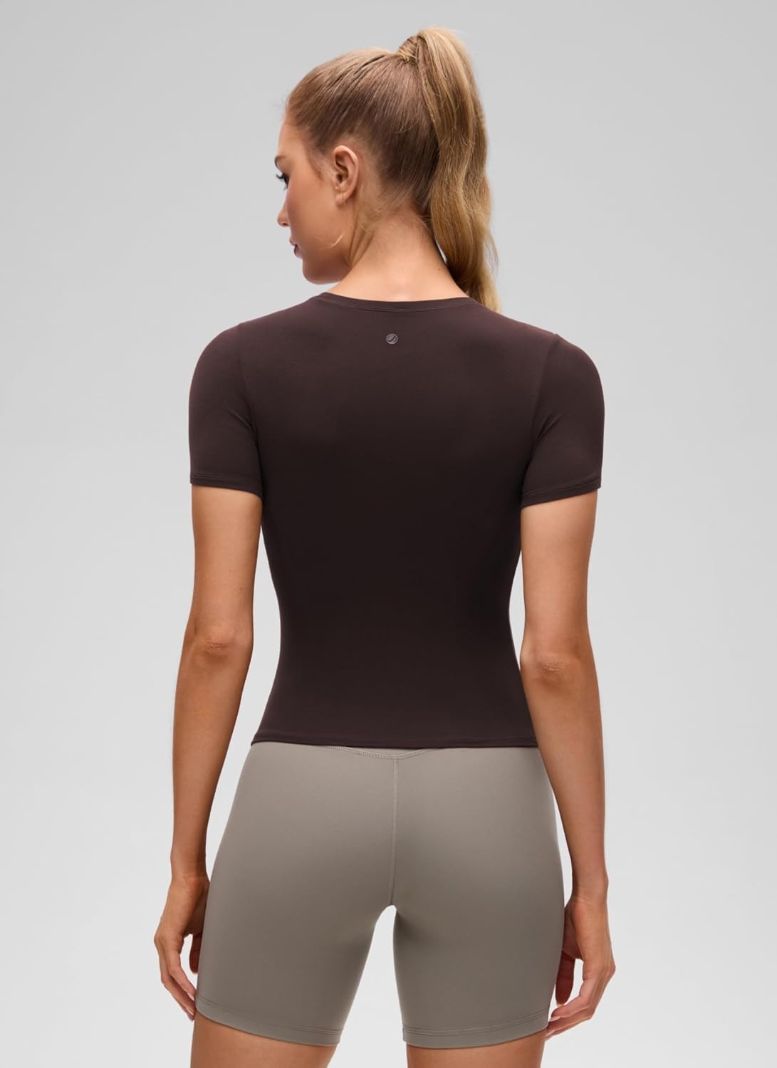 image:imageCRZ YOGA Softembrace High Neck Tops for Women Soft Workout Casual Going Out Shirts Crewneck Tight Short Sleeve TShirtHot Fudge Brown