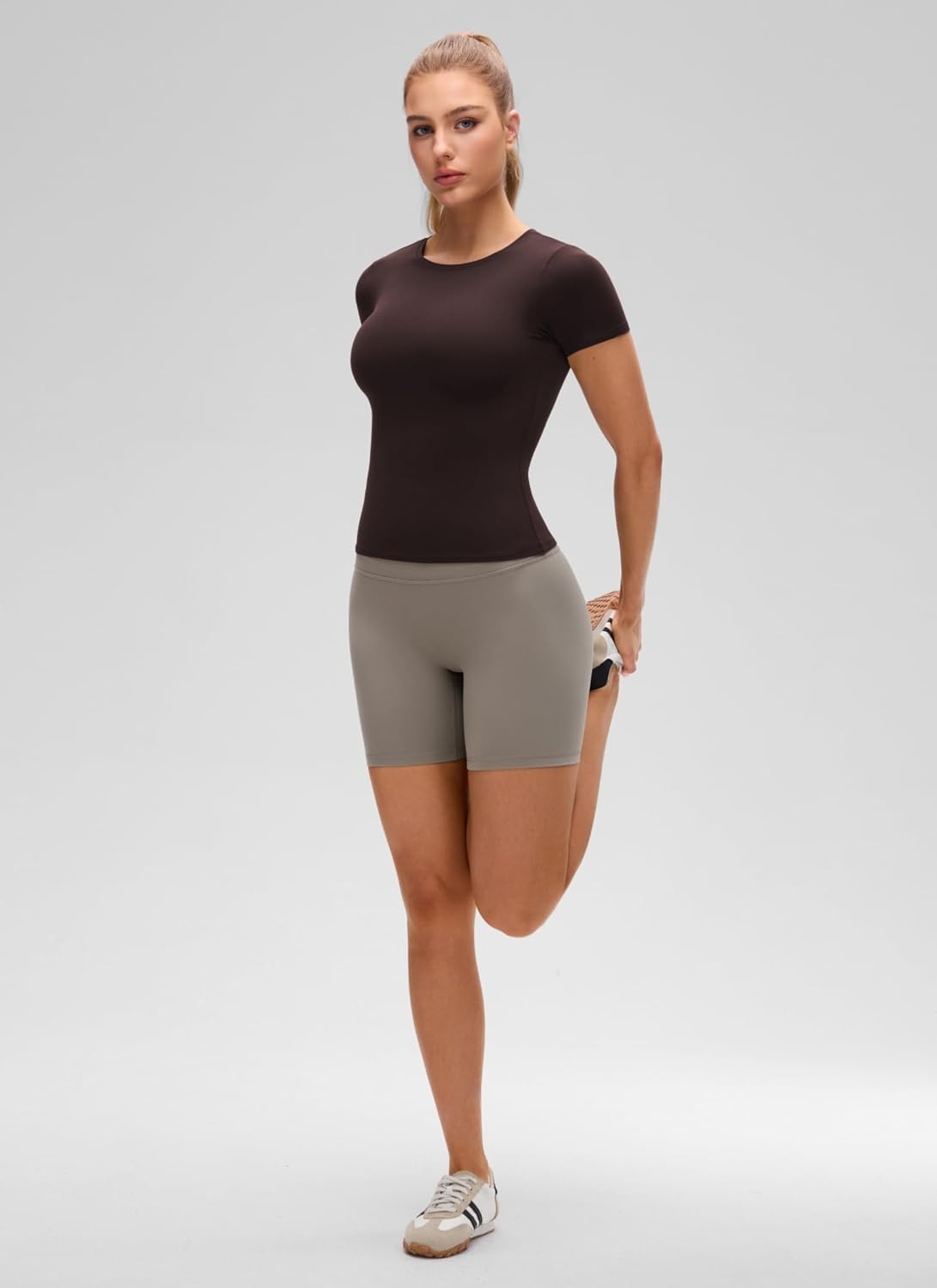 image:imageCRZ YOGA Softembrace High Neck Tops for Women Soft Workout Casual Going Out Shirts Crewneck Tight Short Sleeve TShirtHot Fudge Brown