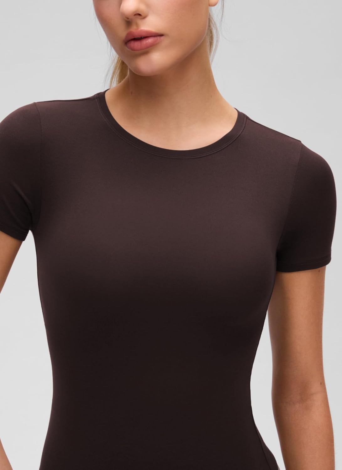 image:imageCRZ YOGA Softembrace High Neck Tops for Women Soft Workout Casual Going Out Shirts Crewneck Tight Short Sleeve TShirtHot Fudge Brown