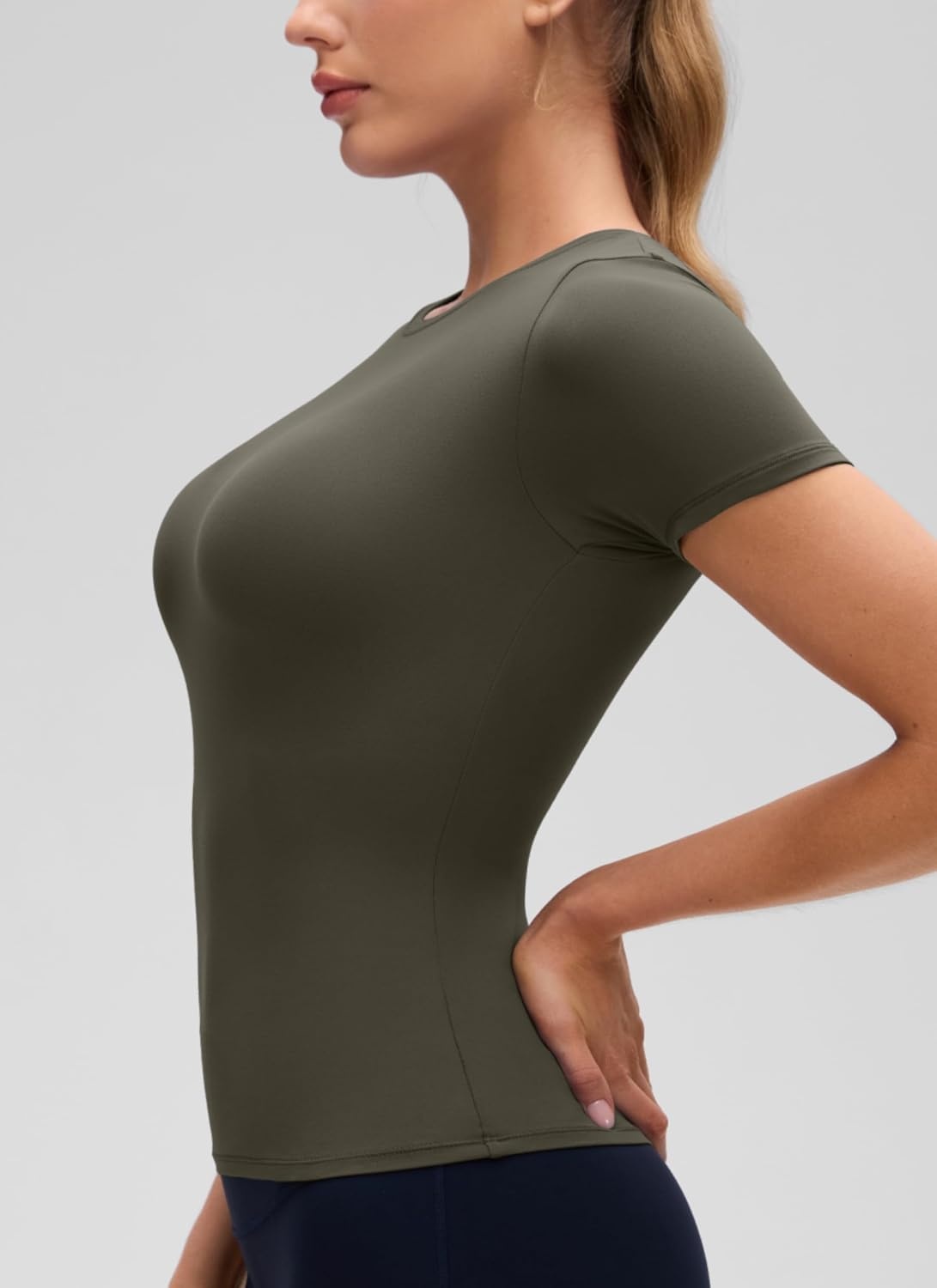 image:imageCRZ YOGA Softembrace High Neck Tops for Women Soft Workout Casual Going Out Shirts Crewneck Tight Short Sleeve TShirtLight Army Green