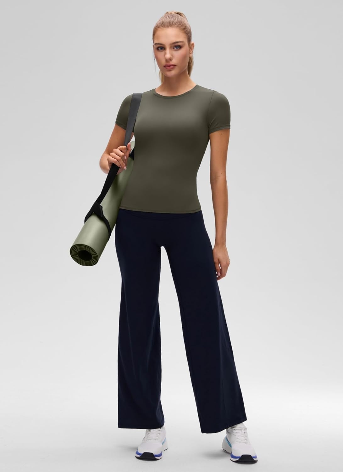 image:imageCRZ YOGA Softembrace High Neck Tops for Women Soft Workout Casual Going Out Shirts Crewneck Tight Short Sleeve TShirtLight Army Green