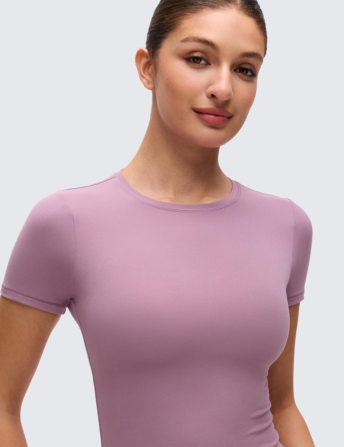 image:imageCRZ YOGA Softembrace High Neck Tops for Women Soft Workout Casual Going Out Shirts Crewneck Tight Short Sleeve TShirtLight Lavender