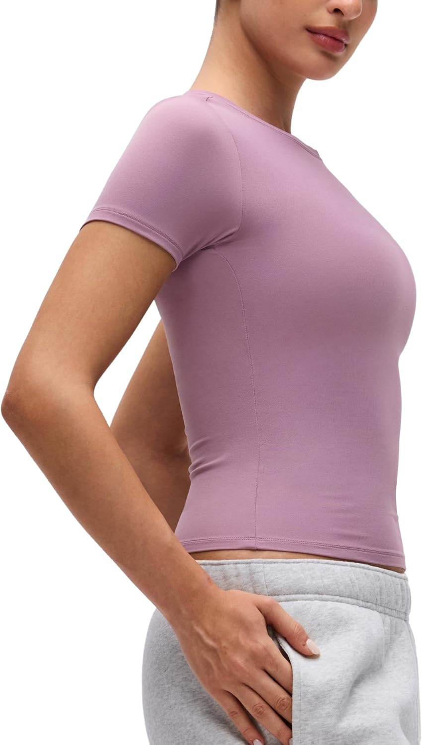 image:imageCRZ YOGA Softembrace High Neck Tops for Women Soft Workout Casual Going Out Shirts Crewneck Tight Short Sleeve TShirtLight Lavender