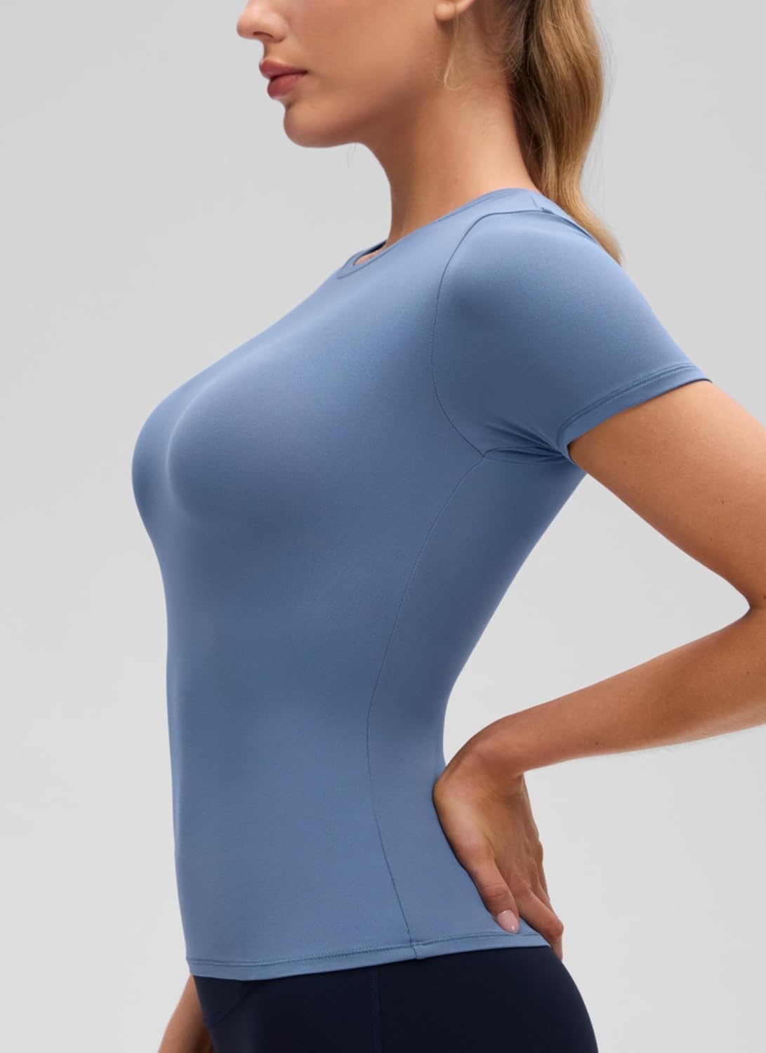 image:imageCRZ YOGA Softembrace High Neck Tops for Women Soft Workout Casual Going Out Shirts Crewneck Tight Short Sleeve TShirtOasis Blue
