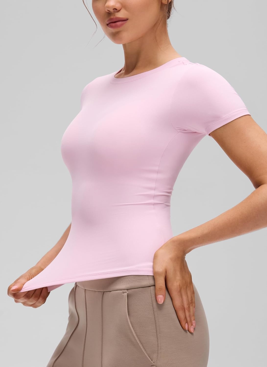 image:imageCRZ YOGA Softembrace High Neck Tops for Women Soft Workout Casual Going Out Shirts Crewneck Tight Short Sleeve TShirtPink Peony