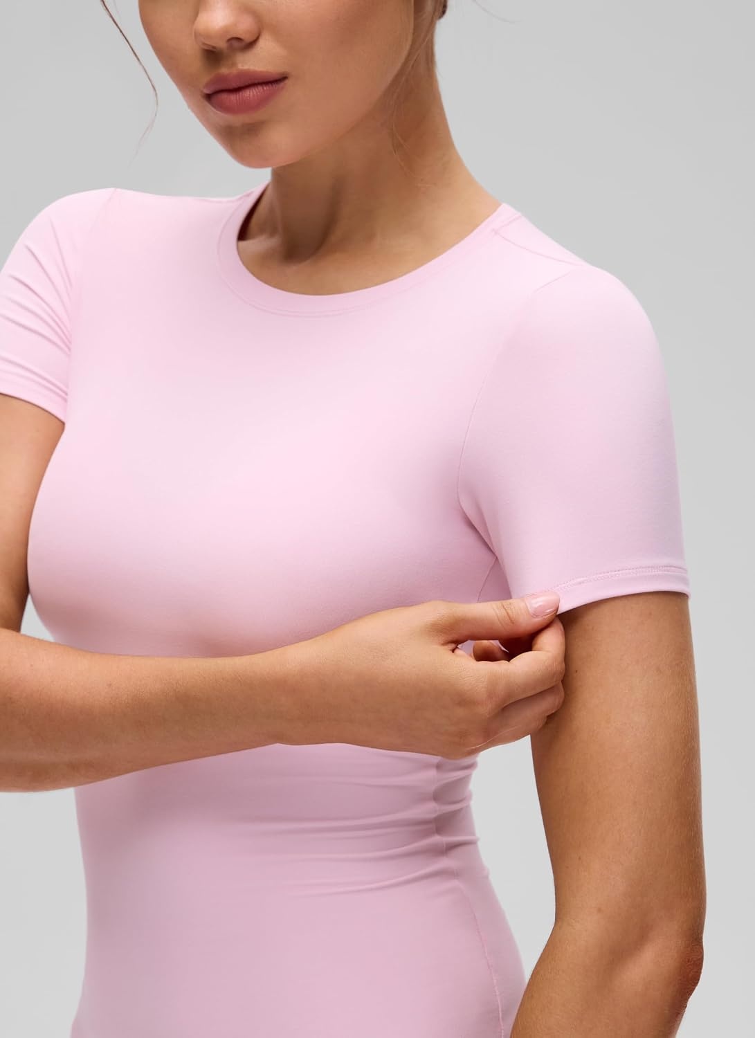 image:imageCRZ YOGA Softembrace High Neck Tops for Women Soft Workout Casual Going Out Shirts Crewneck Tight Short Sleeve TShirtPink Peony