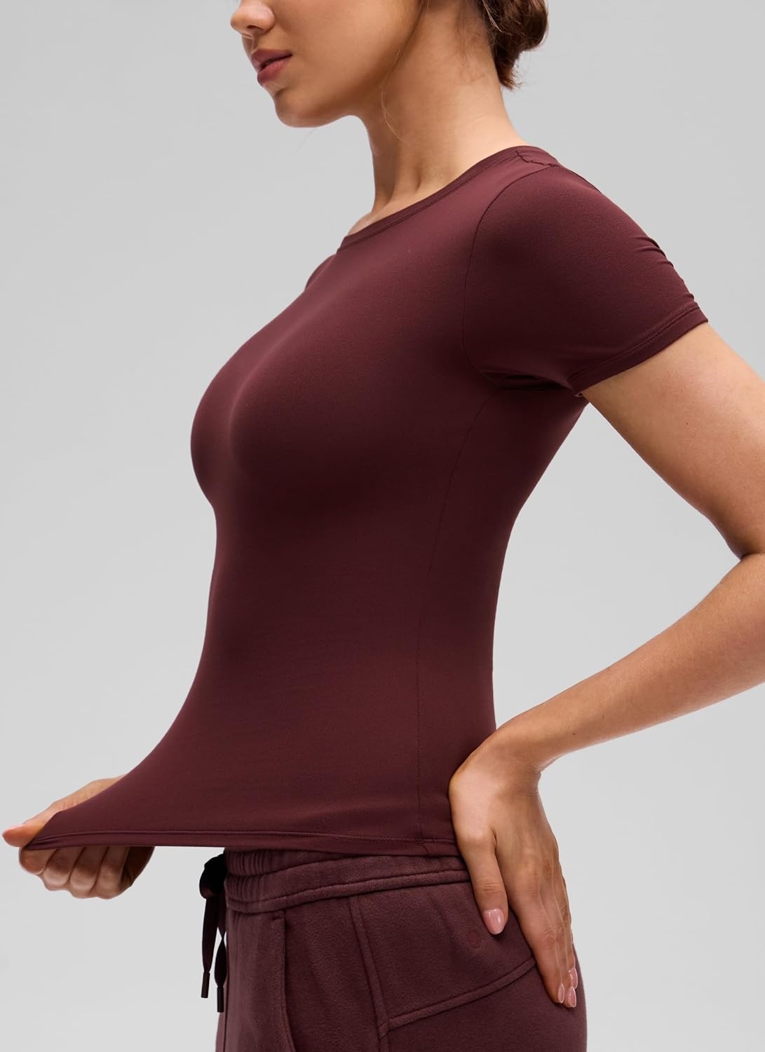 image:imageCRZ YOGA Softembrace High Neck Tops for Women Soft Workout Casual Going Out Shirts Crewneck Tight Short Sleeve TShirtRed Merlot