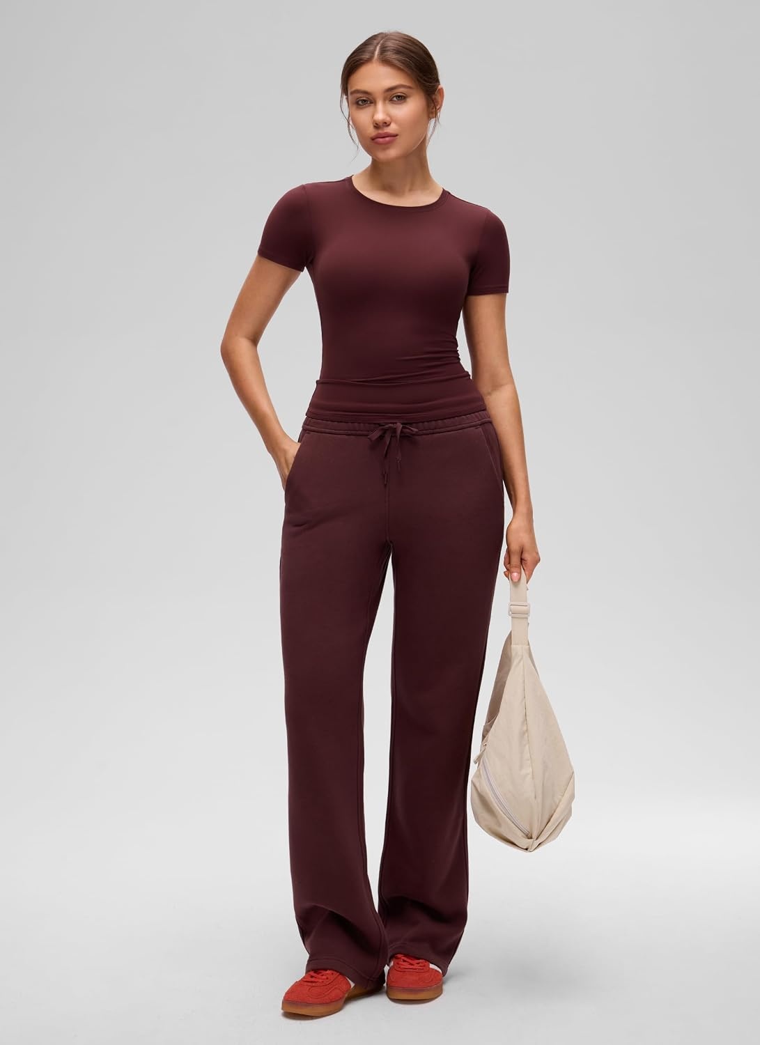 image:imageCRZ YOGA Softembrace High Neck Tops for Women Soft Workout Casual Going Out Shirts Crewneck Tight Short Sleeve TShirtRed Merlot