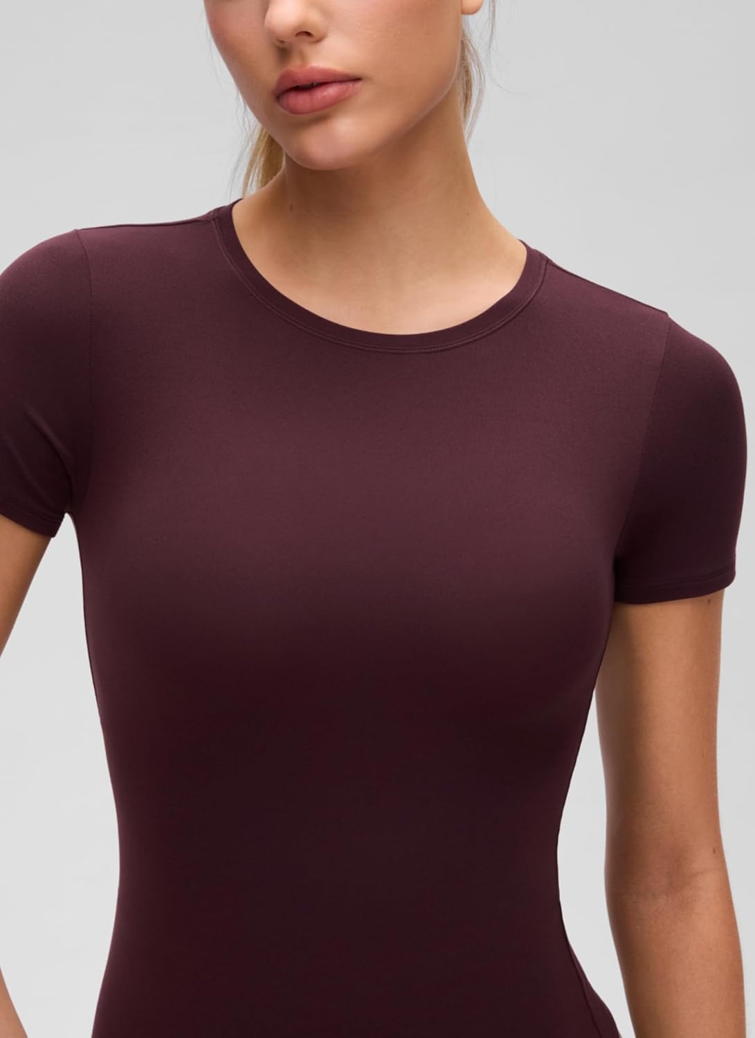 image:imageCRZ YOGA Softembrace High Neck Tops for Women Soft Workout Casual Going Out Shirts Crewneck Tight Short Sleeve TShirtRipe Plum