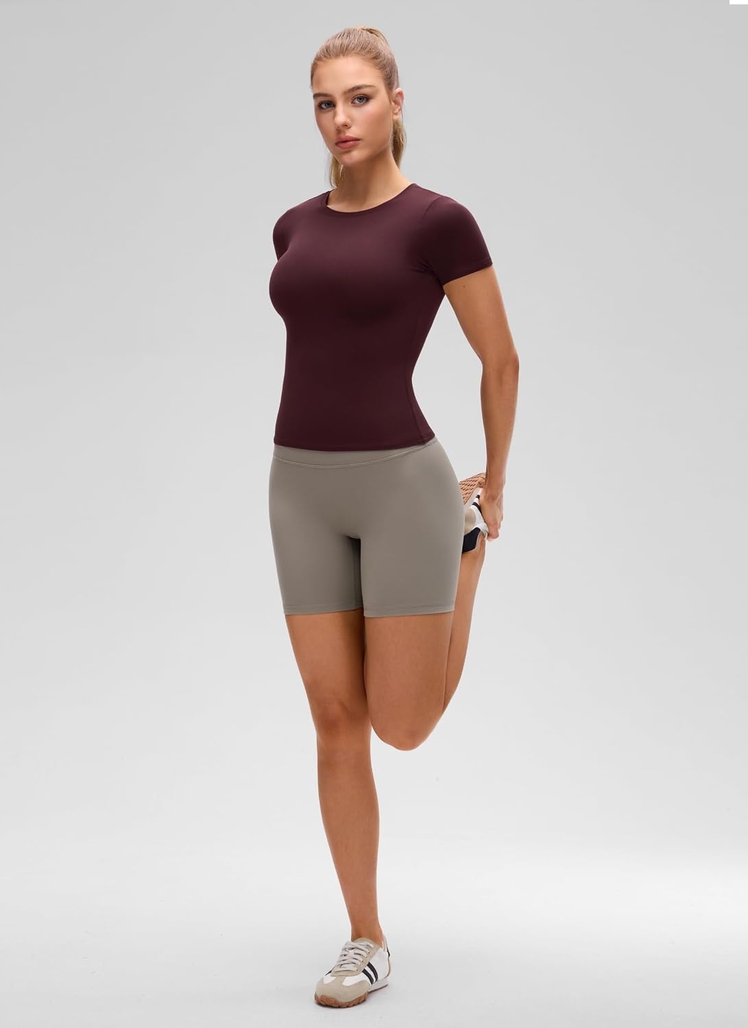 image:imageCRZ YOGA Softembrace High Neck Tops for Women Soft Workout Casual Going Out Shirts Crewneck Tight Short Sleeve TShirtRipe Plum