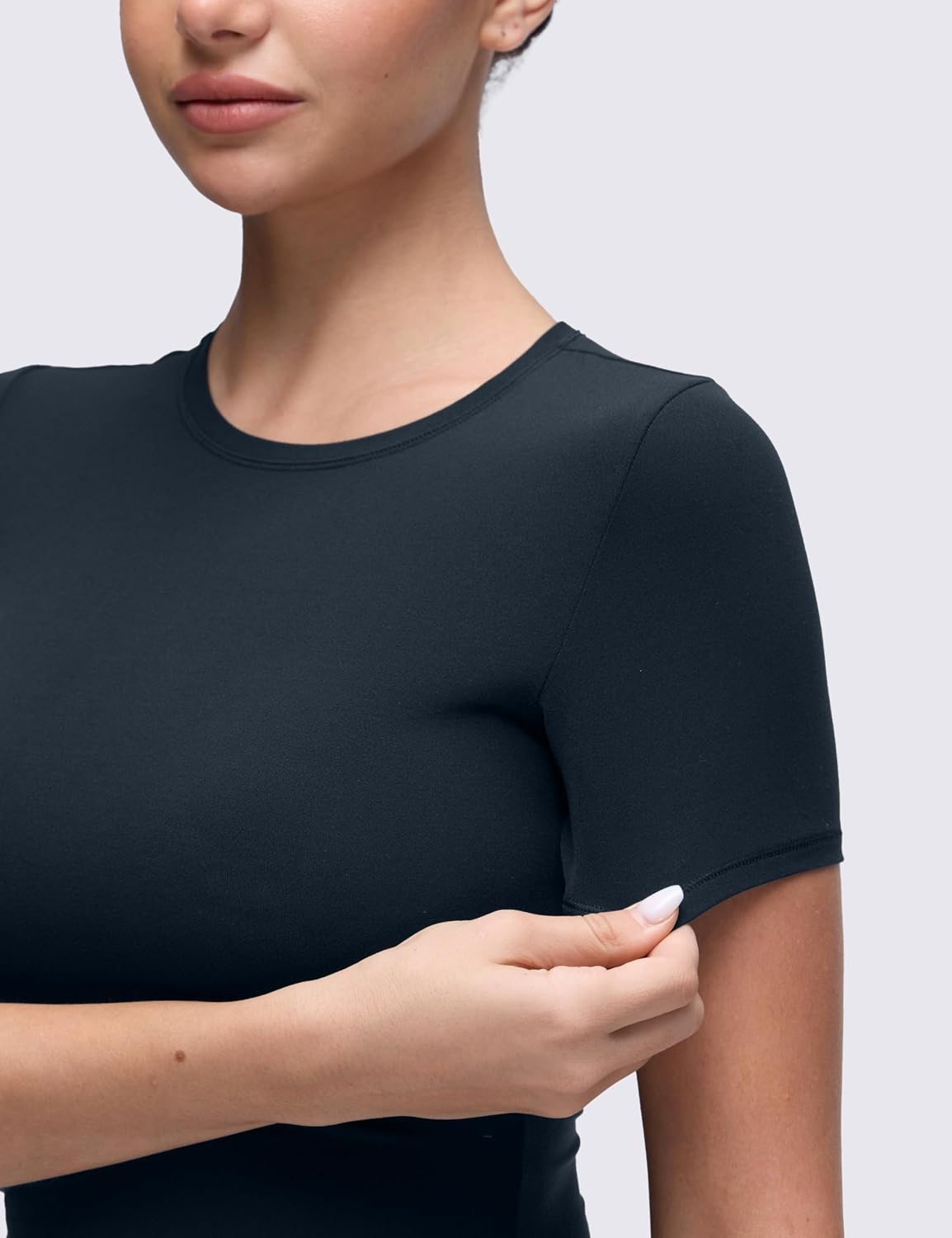 image:imageCRZ YOGA Softembrace High Neck Tops for Women Soft Workout Casual Going Out Shirts Crewneck Tight Short Sleeve TShirtTrue Navy