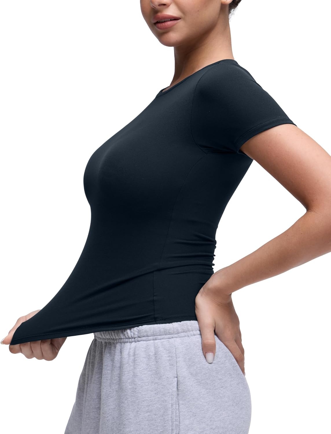 image:imageCRZ YOGA Softembrace High Neck Tops for Women Soft Workout Casual Going Out Shirts Crewneck Tight Short Sleeve TShirtTrue Navy