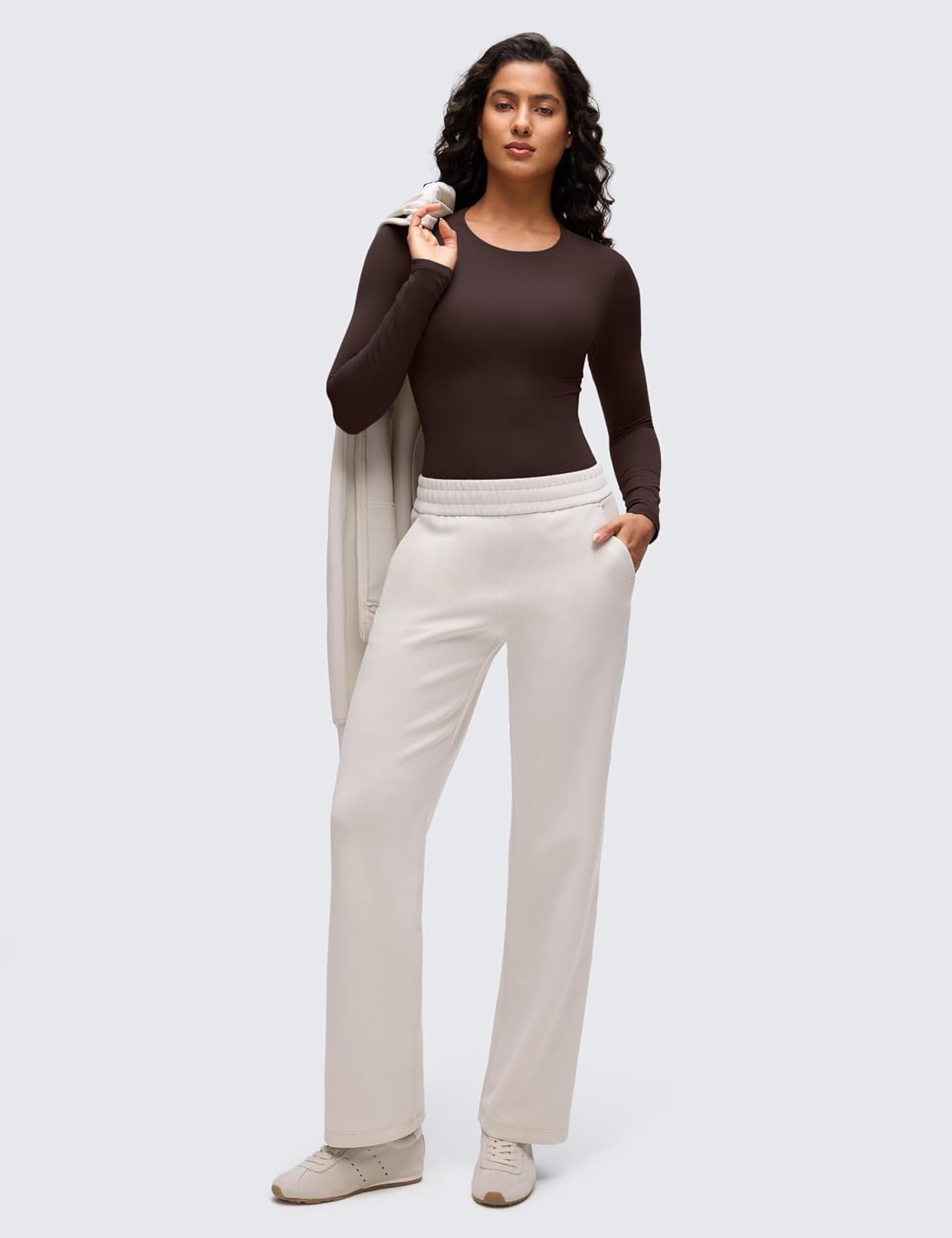 image:imageCRZ YOGA Softembrace Long Sleeve Bodysuits for Women Crewneck Basic Casual Travel Thong Body Suits Fitted TopsHot Fudge Brown