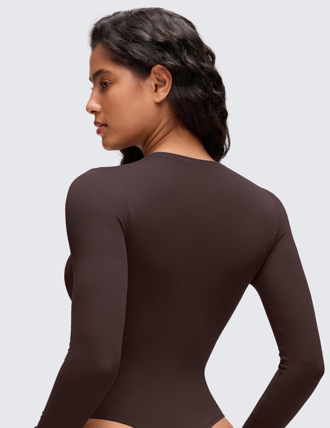 image:imageCRZ YOGA Softembrace Long Sleeve Bodysuits for Women Crewneck Basic Casual Travel Thong Body Suits Fitted TopsHot Fudge Brown