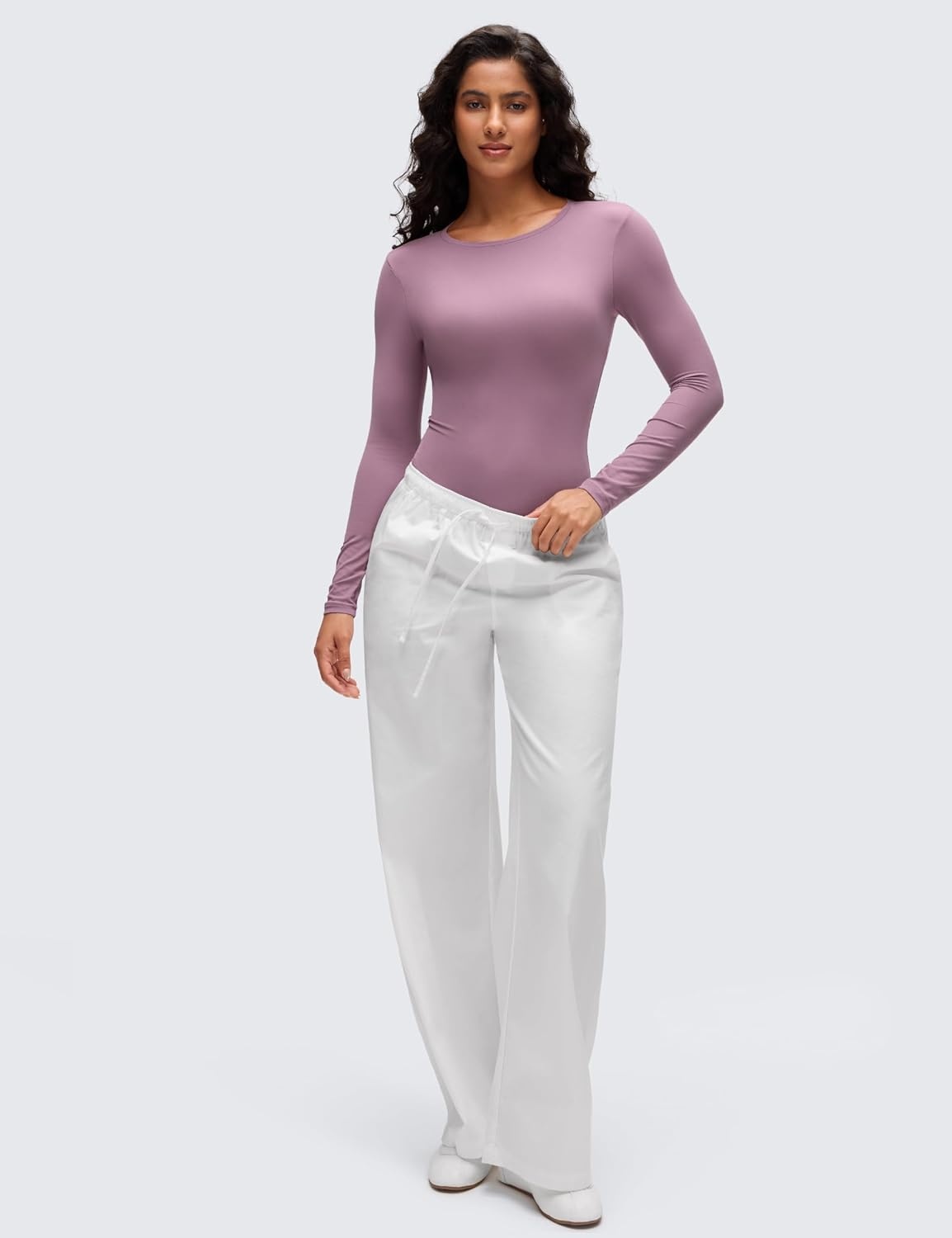 image:imageCRZ YOGA Softembrace Long Sleeve Bodysuits for Women Crewneck Basic Casual Travel Thong Body Suits Fitted TopsLight Lavender