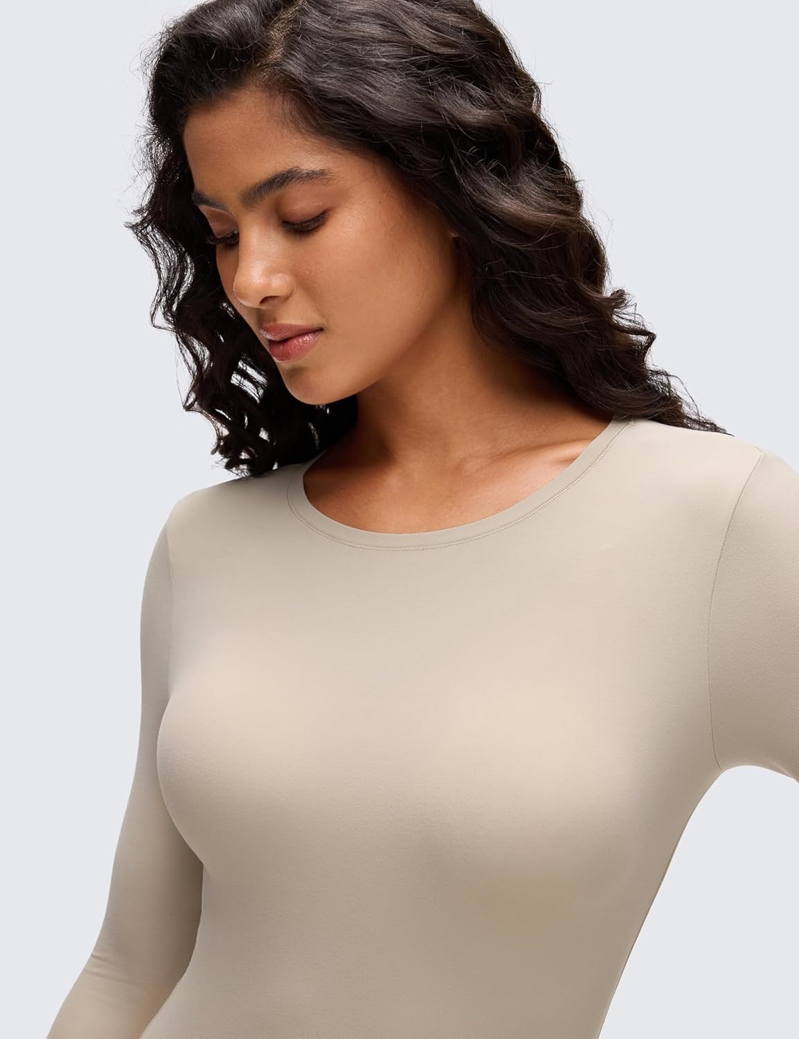 image:imageCRZ YOGA Softembrace Long Sleeve Bodysuits for Women Crewneck Basic Casual Travel Thong Body Suits Fitted TopsMojave Tan