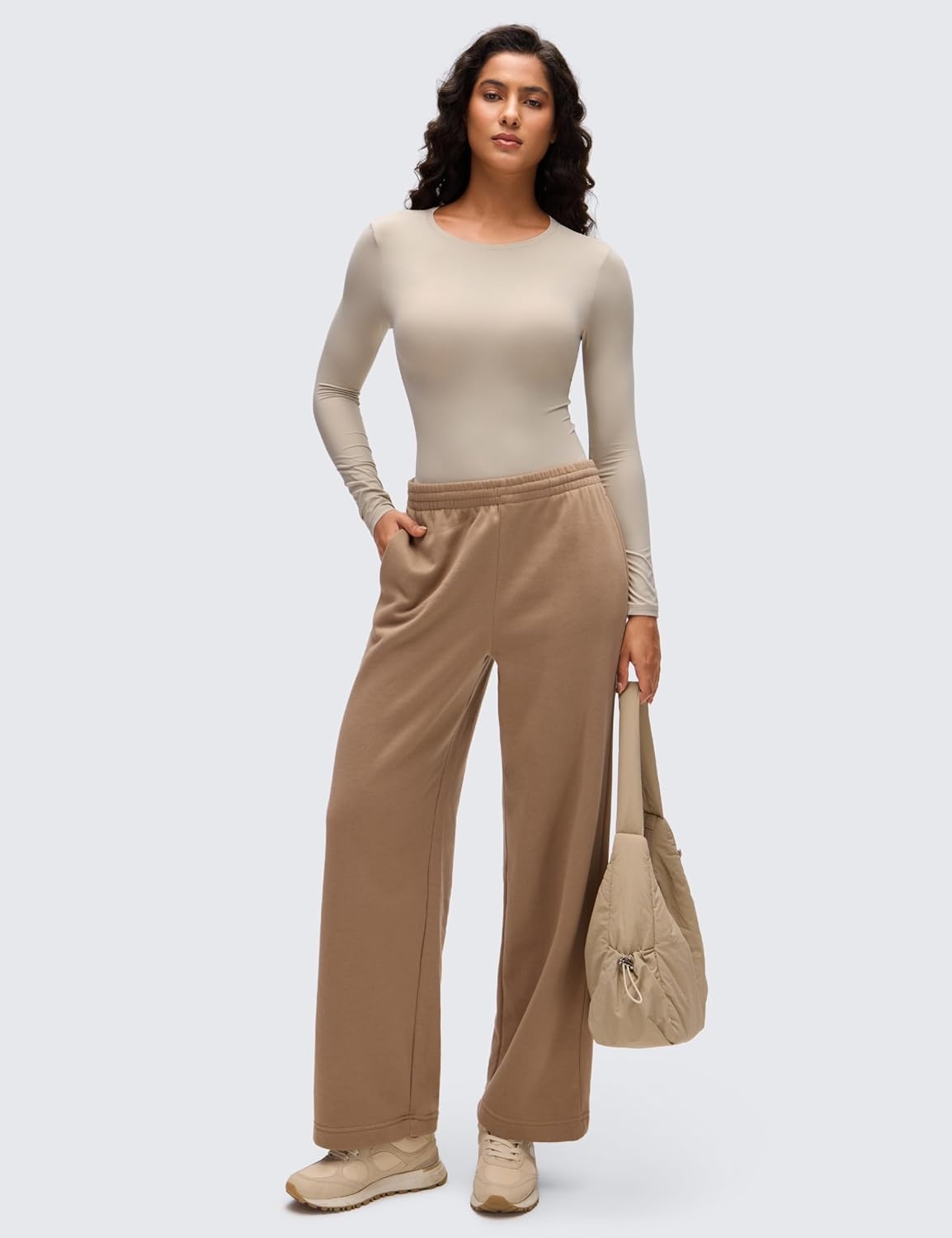 image:imageCRZ YOGA Softembrace Long Sleeve Bodysuits for Women Crewneck Basic Casual Travel Thong Body Suits Fitted TopsMojave Tan