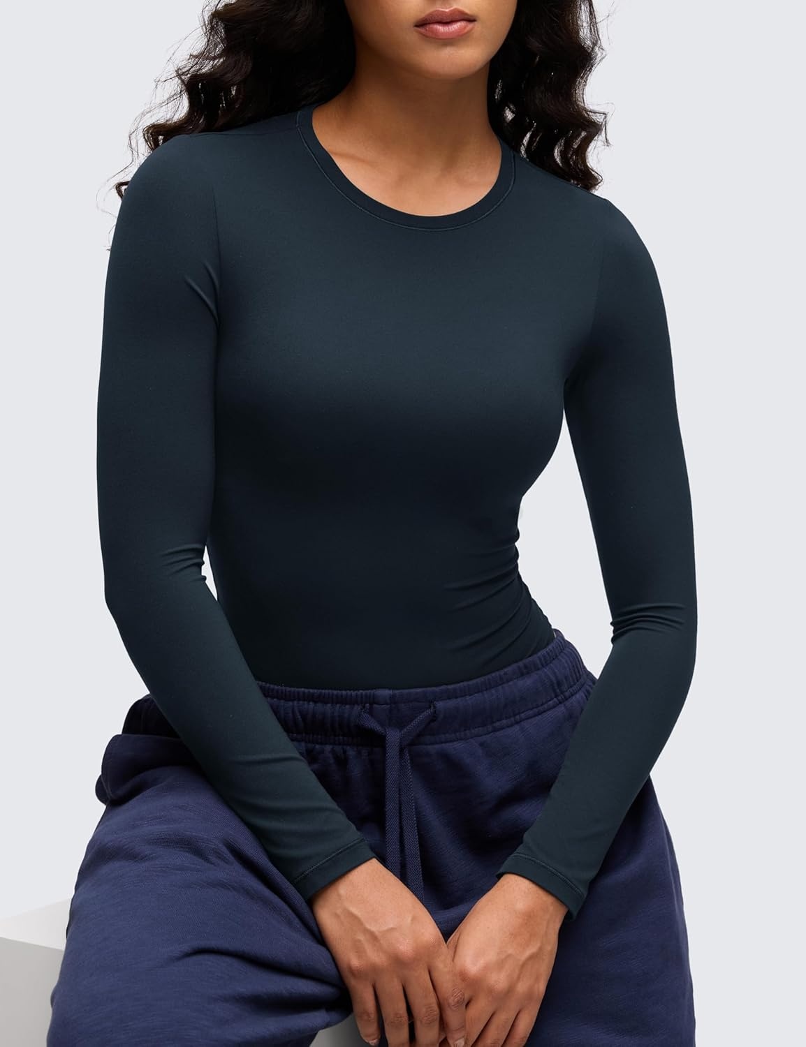 image:imageCRZ YOGA Softembrace Long Sleeve Bodysuits for Women Crewneck Basic Casual Travel Thong Body Suits Fitted TopsTrue Navy