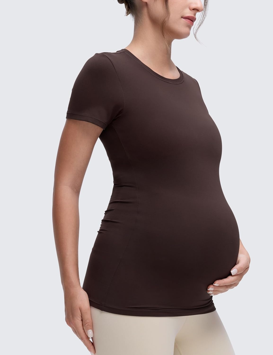 image:imageCRZ YOGA Softembrace Maternity Crewneck Short Sleeve Shirts Soft Casual Pregnancy Tops Going Out Basic TShirts for WomenHot Fudge Brown