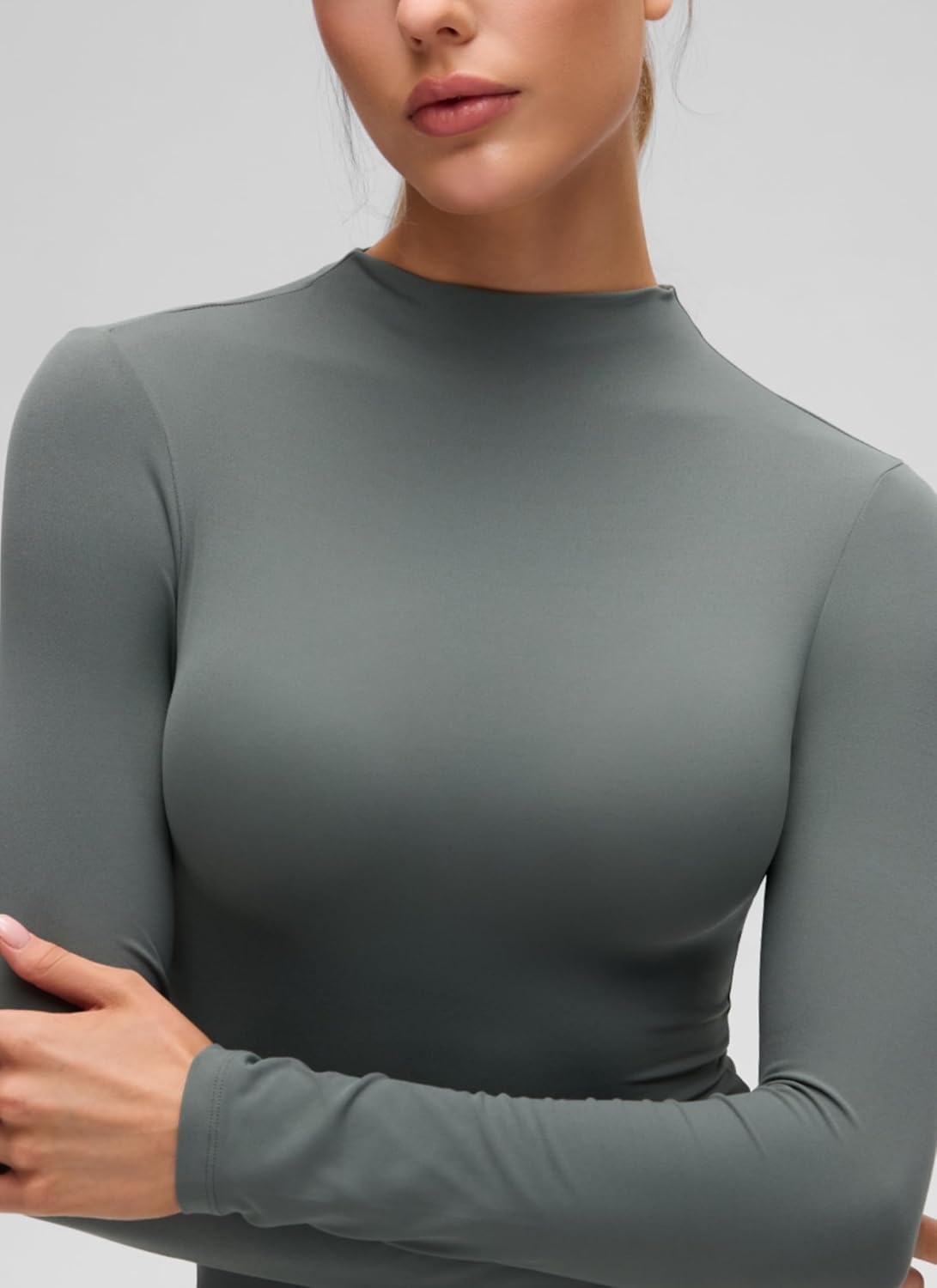 image:imageCRZ YOGA Softembrace Mock Neck Long Sleeve Shirts for Women Casual Going Out Comfort Tops Soft Fitted Layer Underwear TeesGrey Sage