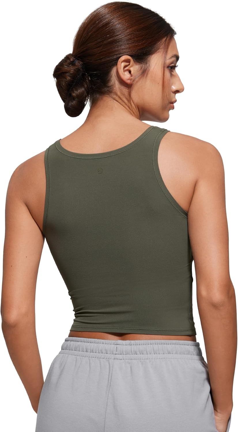 image:imageCRZ YOGA Softembrace Scoop Neck Tank Tops for Women Casual Going Out Soft Double Lined Crop Basic Sleeveless ShirtsLight Army Green