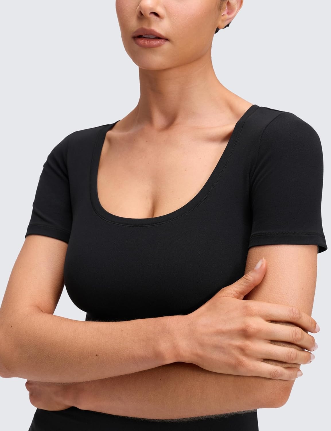 image:imageCRZ YOGA Softembrace Scoop Neck Tops for Women Casual Soft Going Out Short Sleeve Shirts Sexy U Neck Tight Fitted TeesBlack