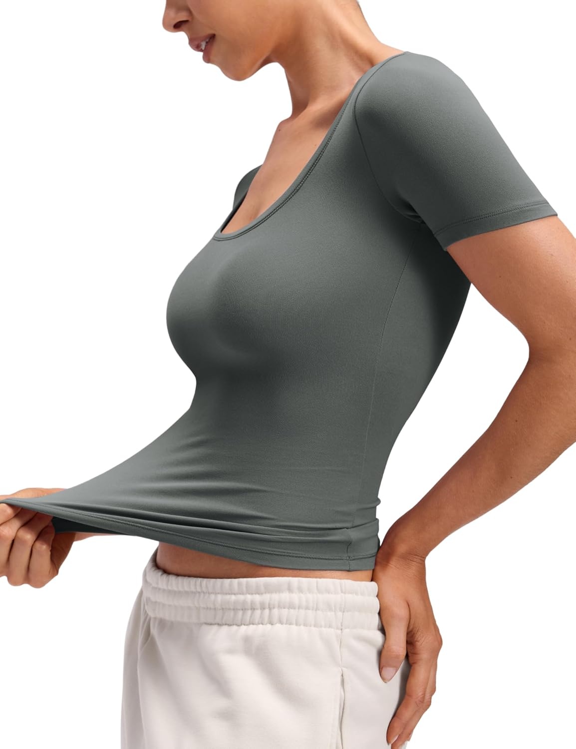 image:imageCRZ YOGA Softembrace Scoop Neck Tops for Women Casual Soft Going Out Short Sleeve Shirts Sexy U Neck Tight Fitted TeesGrey Sage