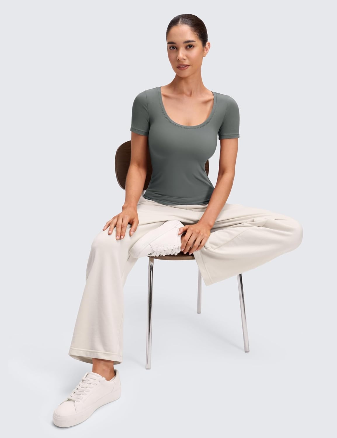 image:imageCRZ YOGA Softembrace Scoop Neck Tops for Women Casual Soft Going Out Short Sleeve Shirts Sexy U Neck Tight Fitted TeesGrey Sage