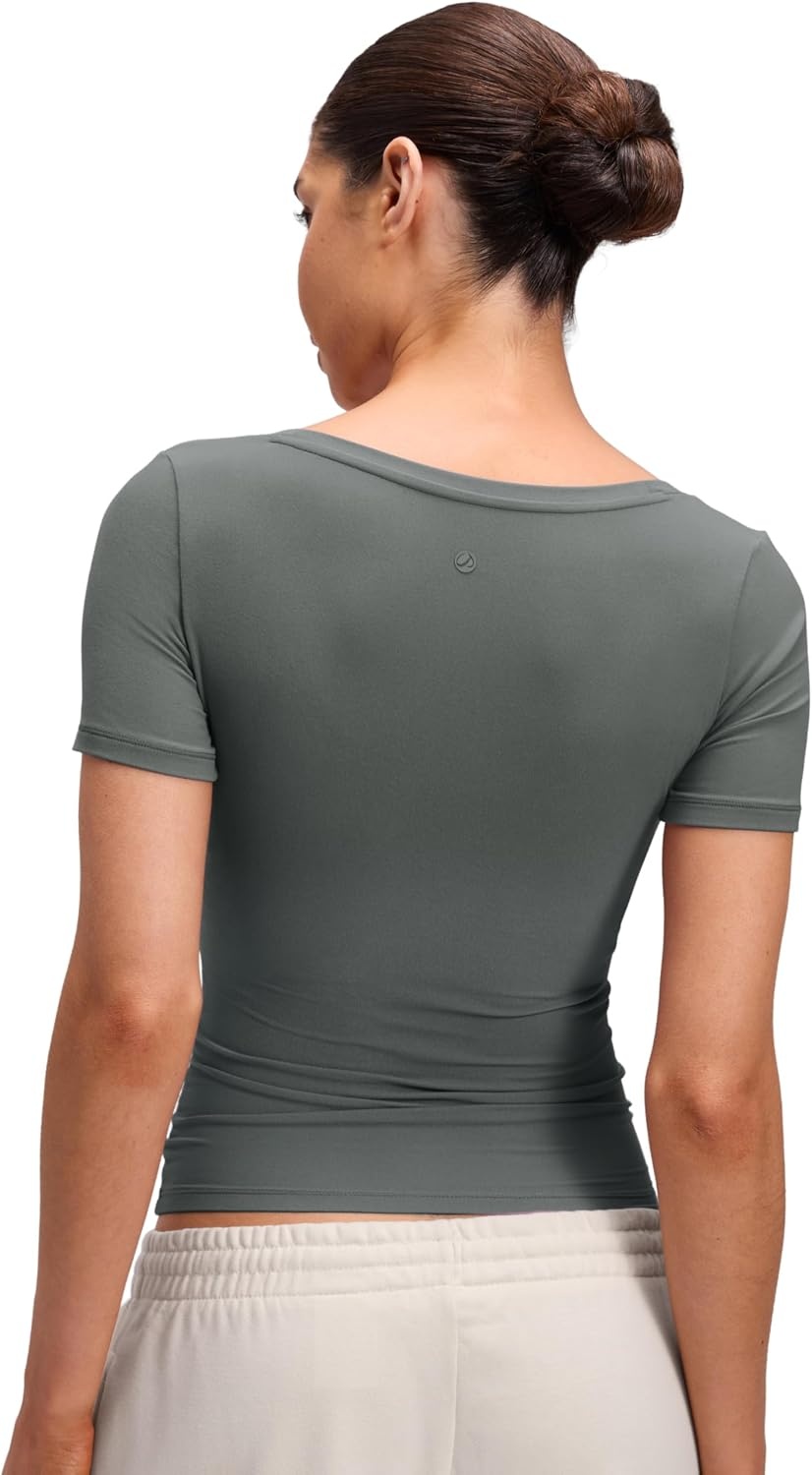 image:imageCRZ YOGA Softembrace Scoop Neck Tops for Women Casual Soft Going Out Short Sleeve Shirts Sexy U Neck Tight Fitted TeesGrey Sage