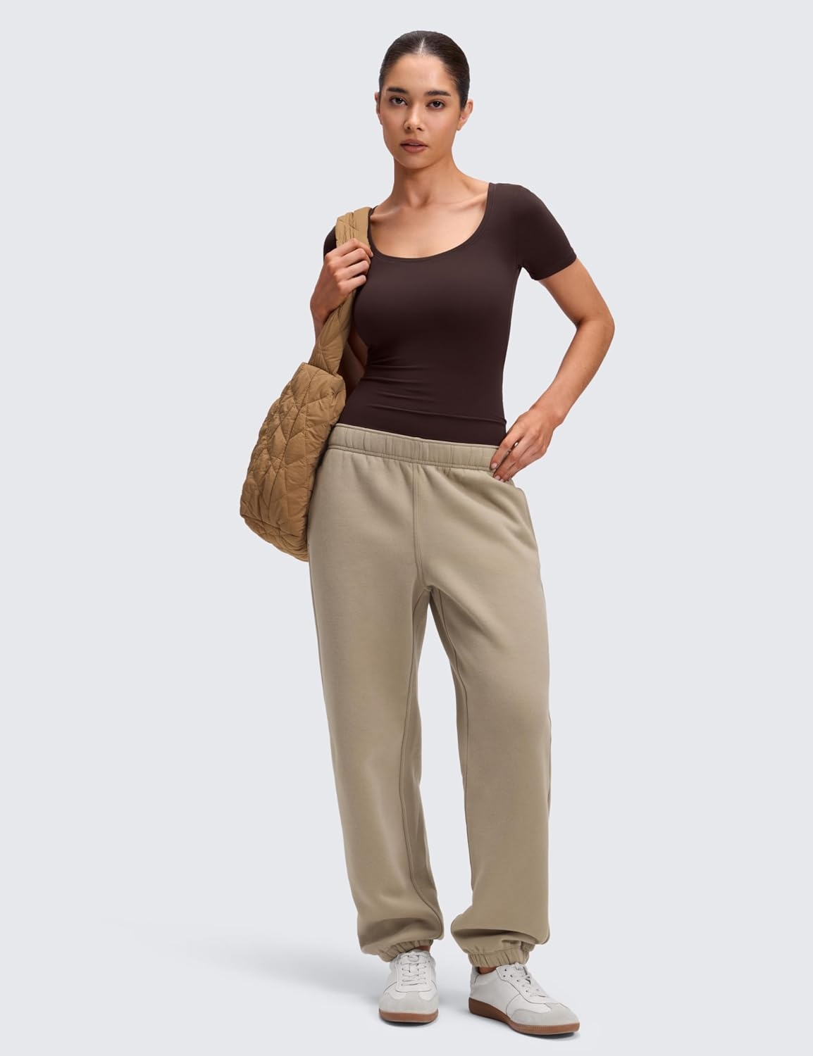image:imageCRZ YOGA Softembrace Scoop Neck Tops for Women Casual Soft Going Out Short Sleeve Shirts Sexy U Neck Tight Fitted TeesHot Fudge Brown